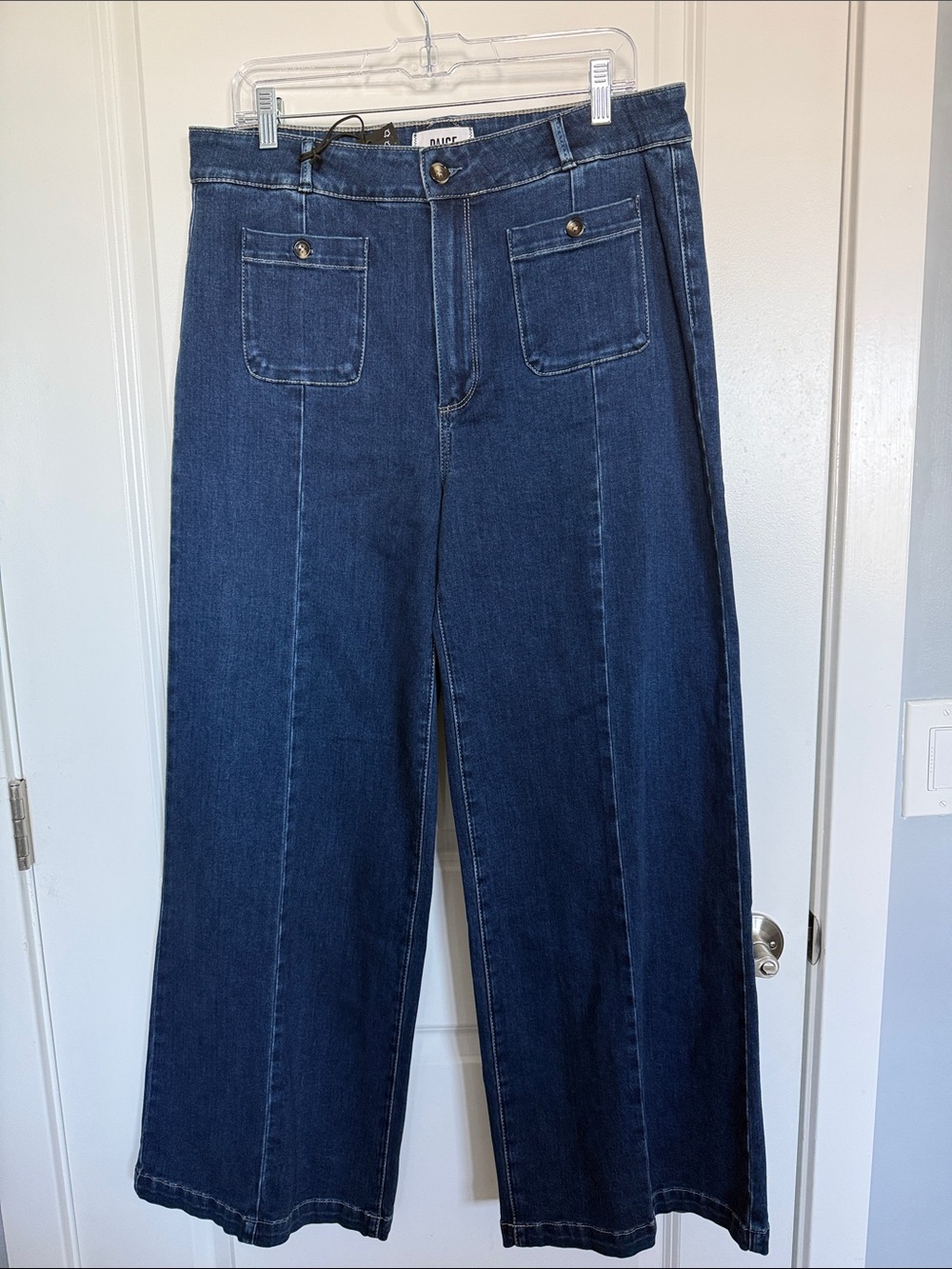 Paige Anessa Wide Leg Dark Blue Jeans with Front Patch Pockets NWT